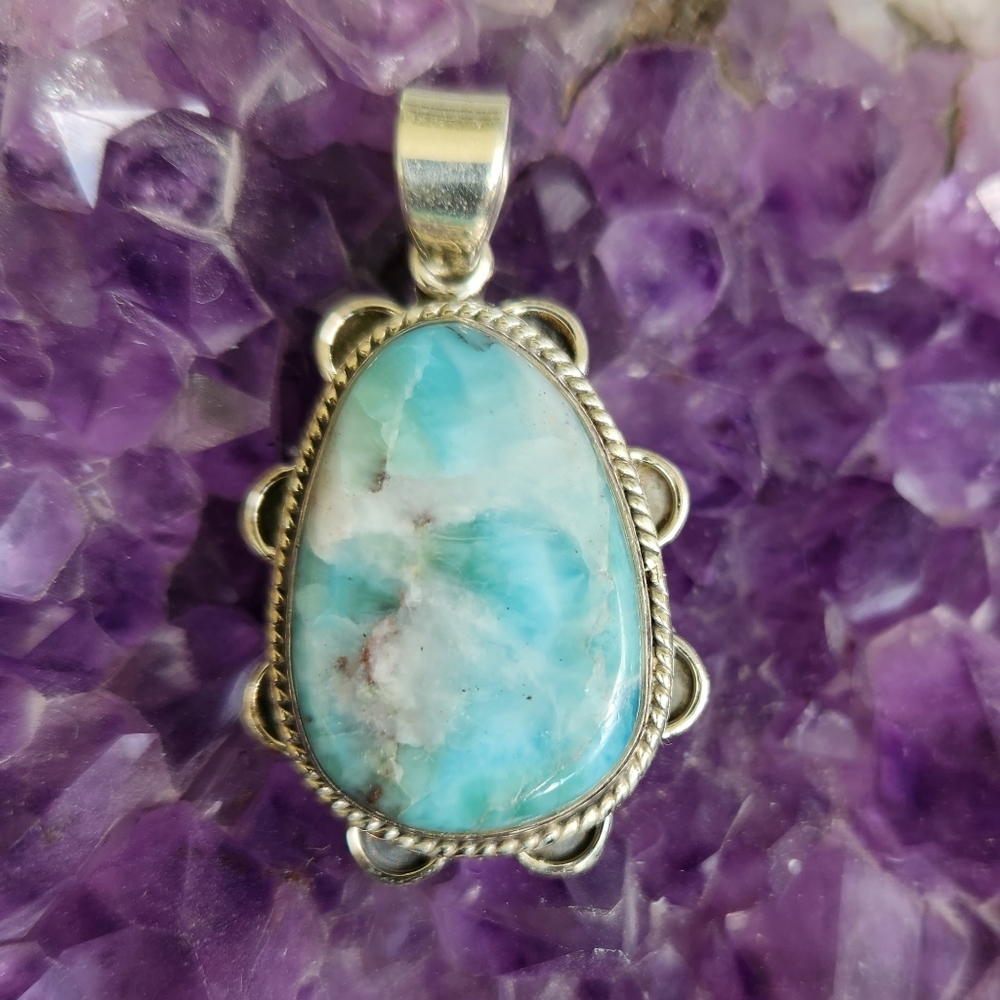 Natural Larimar Handmade 100% Sterling Silver Pendant Boho Oval Gemstone Jewelry